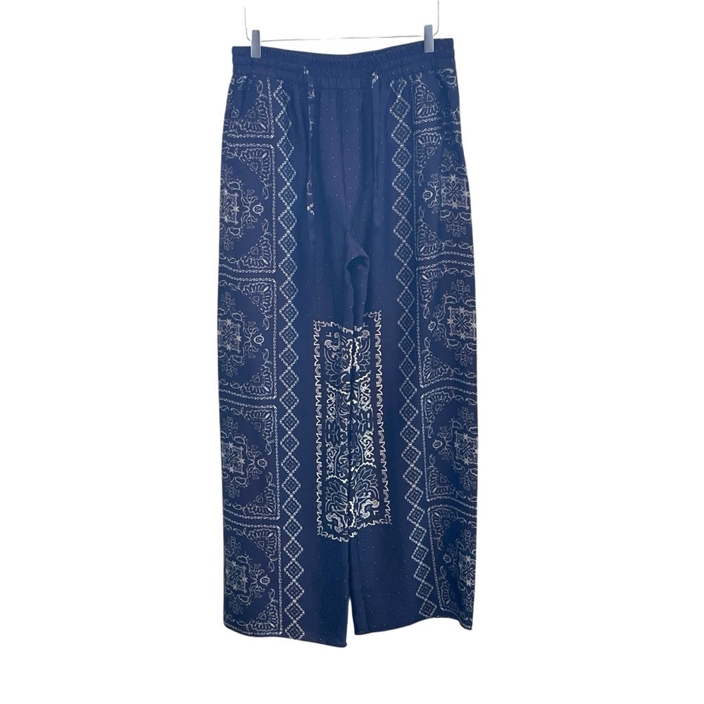 Zara Blue and White Wide Leg Palazzo Pants with Paisley Print Size L NWT